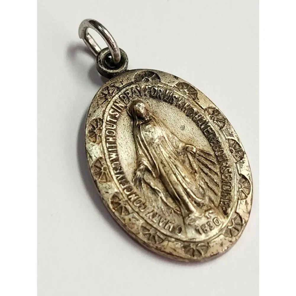 Sterling Silver Miraculous Medal Pendant - Religious Charm 925 Vintage